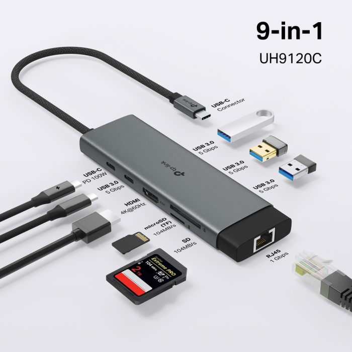 TP-LINK UH9120C 9-v-1 USB-C HUB priklopna postaja z 4K HDMI in 100 W Power Delivery TP-LINK TP-LINK UH9120C 9-v-1 USB-C HUB priklopna postaja z 4K HDMI in 100 W Power Delivery