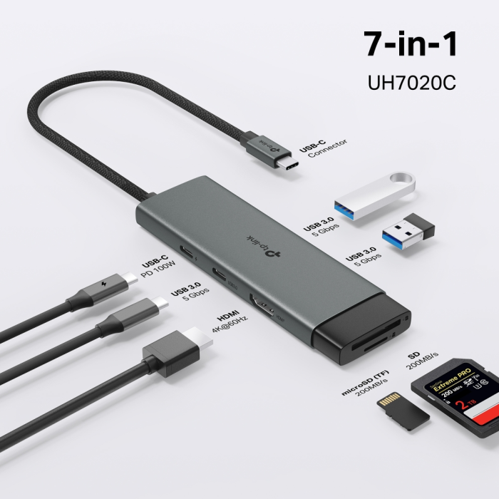 TP-LINK UH7020C 7-v-1 USB-C HUB priklopna postaja z 4K HDMI in 100 W Power Delivery TP-LINK TP-LINK UH7020C 7-v-1 USB-C HUB priklopna postaja z 4K HDMI in 100 W Power Delivery