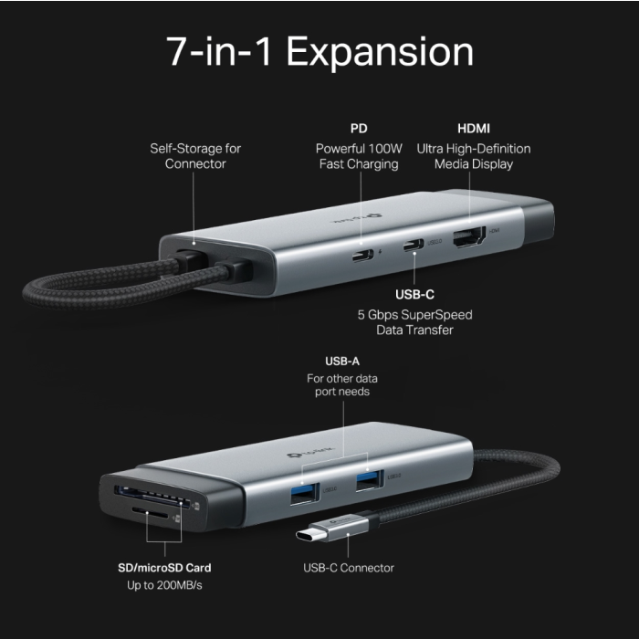 TP-LINK UH7020C 7-v-1 USB-C HUB priklopna postaja z 4K HDMI in 100 W Power Delivery TP-LINK TP-LINK UH7020C 7-v-1 USB-C HUB priklopna postaja z 4K HDMI in 100 W Power Delivery