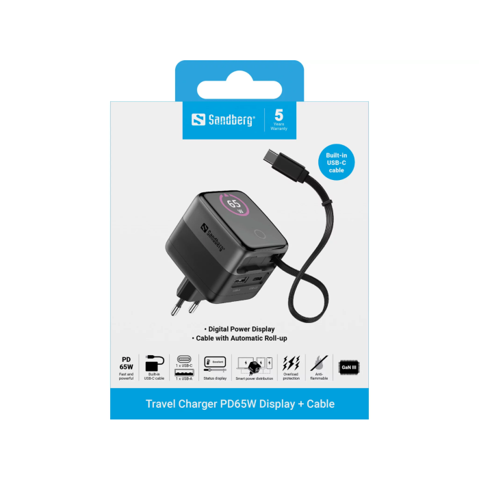 Sandberg potovalni napajalnik PD65W zaslon + vgrajen kabel 60cm SANDBERG Sandberg potovalni napajalnik PD65W zaslon + vgrajen kabel 60cm