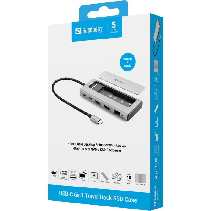 Sandberg USB-C 6in1 Travel Dock z M.2 SSD režo SANDBERG Sandberg USB-C 6in1 Travel Dock z M.2 SSD režo