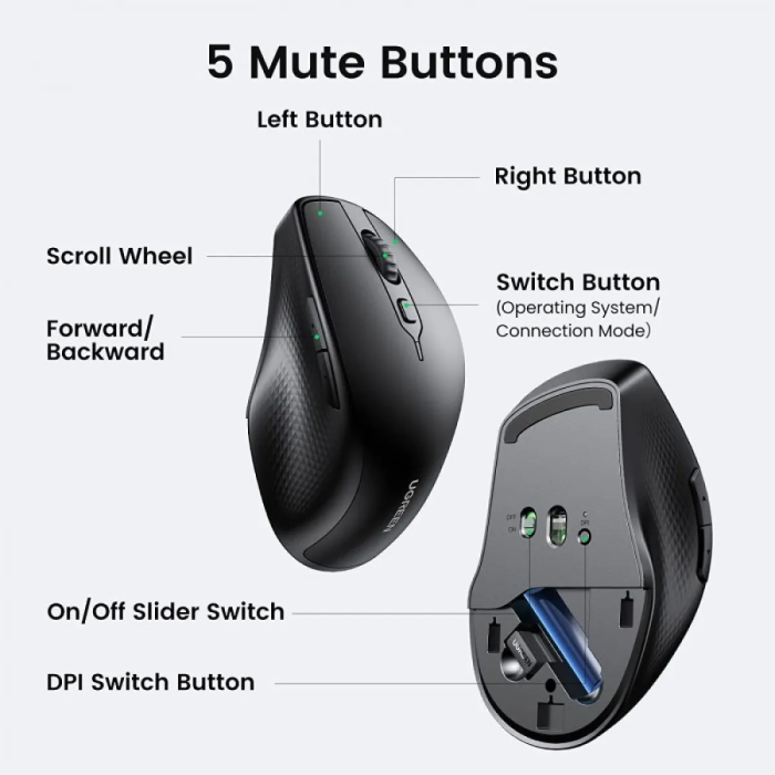 Ugreen ergonomska Dual-mode brezžična miška s stranskimi gumbi UGREEN Ugreen ergonomska Dual-mode brezžična miška s stranskimi gumbi