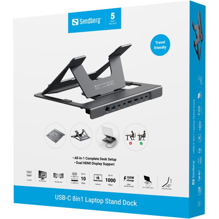 Sandberg stojalo za prenosnik s priklopno postajo USB-C 8-v-1 SANDBERG Sandberg stojalo za prenosnik s priklopno postajo USB-C 8-v-1