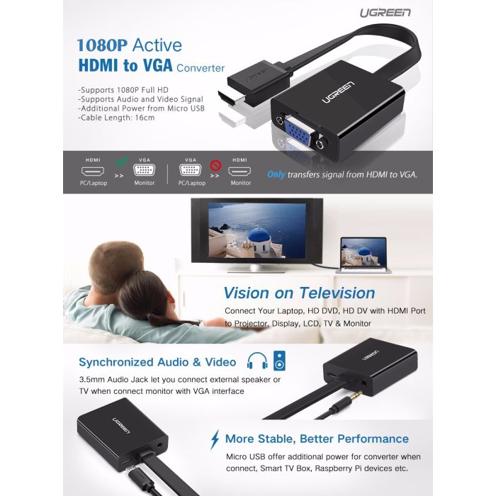 Ugreen HDMI na VGA + 3.5MM Audio+MicroUSB konverter črn - box Ugreen HDMI na VGA + 3.5MM Audio+MicroUSB konverter črn - box