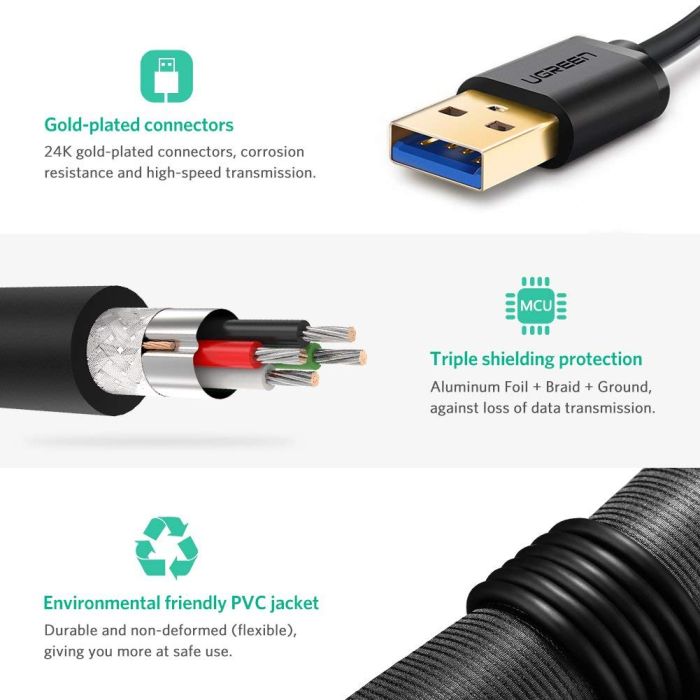 Ugreen USB 3.0 kabel (M na M) črn 2 m - polybag Ugreen USB 3.0 kabel (M na M) črn 2 m - polybag