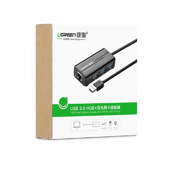 Ugreen USB 3.0 hub na 3x USB A in RJ45 - box Ugreen USB 3.0 hub na 3x USB A in RJ45 - box