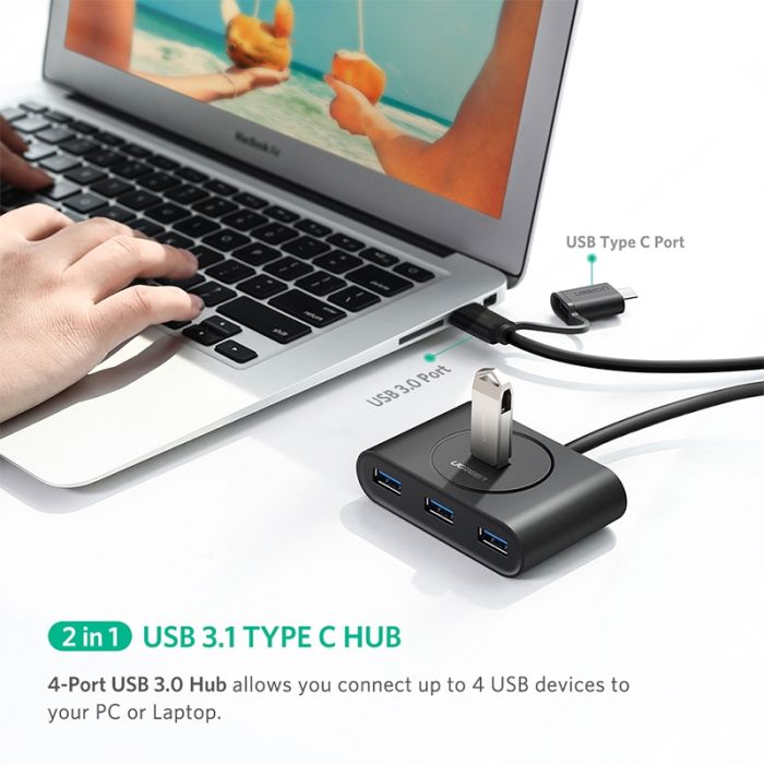 Ugreen USB 3.0 Hub z USB-C 3.1 OTG adapterjem 1M - box Ugreen USB 3.0 Hub z USB-C 3.1 OTG adapterjem 1M - box