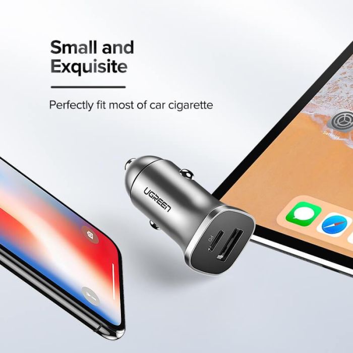 Ugreen avtopolnilec USB + USB-C PD 18W siv - box Ugreen avtopolnilec USB + USB-C PD 18W siv - box