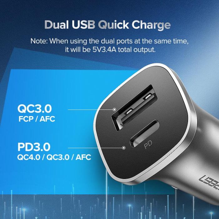 Ugreen avtopolnilec USB + USB-C PD 18W siv - box Ugreen avtopolnilec USB + USB-C PD 18W siv - box