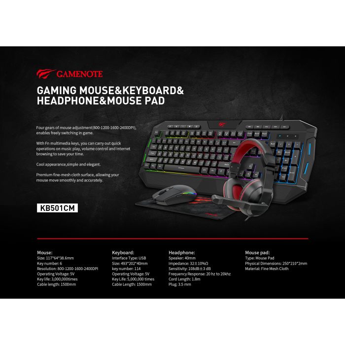 HAVIT Gamenote komplet 4v1 (tipkovnica+miška+podloga+slušalke) HV-KB501CM / SLO HAVIT Gamenote komplet 4v1 (tipkovnica+miška+podloga+slušalke) HV-KB501CM / SLO