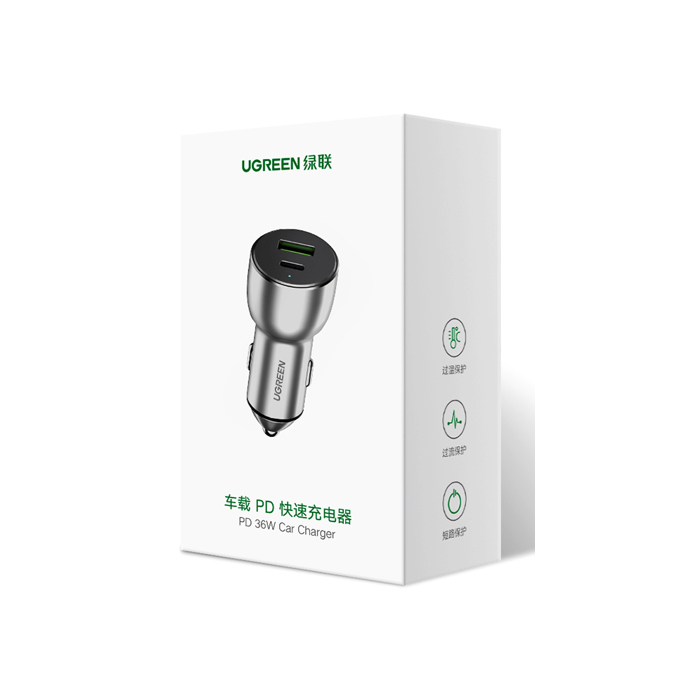 Ugreen avtopolnilec USB + USB-C PD 36W siv - box Ugreen avtopolnilec USB + USB-C PD 36W siv - box