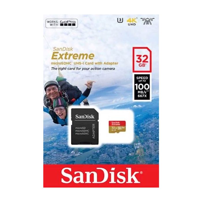 SanDisk Extreme microSDHC 32GB + SD Adapter for Action Sports Cameras - 100MB/s A1 C10 V30 UHS-I U3 SanDisk Extreme microSDHC 32GB + SD Adapter for Action Sports Cameras - 100MB/s A1 C10 V30 UHS-I U3