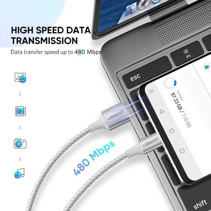UGREEN USB 2.0 A na USB-C kabel 2m (bel) - polybag UGREEN USB 2.0 A na USB-C kabel 2m (bel) - polybag