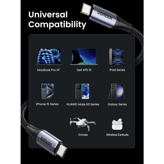 UGREEN USB-C 3.1 Gen2 10Gbps kabel 240W 1m (črn) UGREEN USB-C 3.1 Gen2 10Gbps kabel 240W 1m (črn)
