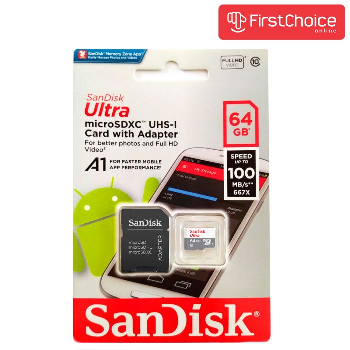 SanDisk 64GB Ultra microSDXC + SD Adapter 100MB/s Class 10 UHS-I SanDisk 64GB Ultra microSDXC + SD Adapter 100MB/s Class 10 UHS-I