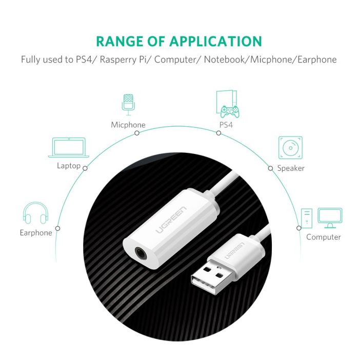 Ugreen adapter za zvok USB-A na 3.5 mm Aux Bel - box Ugreen adapter za zvok USB-A na 3.5 mm Aux Bel - box