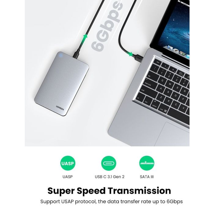 Ugreen 2.5 SATA ohišje za disk srebrn + USB-C-USB-A kabel - box Ugreen 2.5 SATA ohišje za disk srebrn + USB-C-USB-A kabel - box