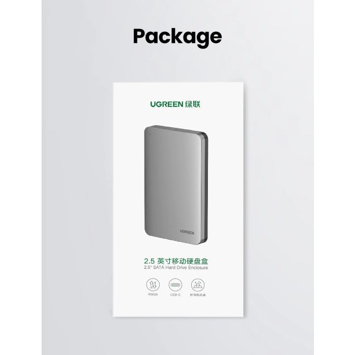 Ugreen 2.5 SATA ohišje za disk srebrn + USB-C-USB-A kabel - box Ugreen 2.5 SATA ohišje za disk srebrn + USB-C-USB-A kabel - box