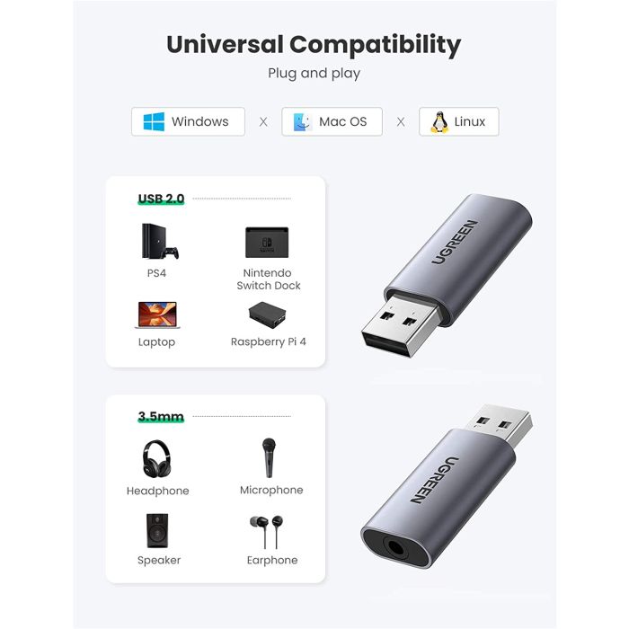 UGREEN USB zunanja zvočna kartica iz USB na 3.5mm avdio - box UGREEN USB zunanja zvočna kartica iz USB na 3.5mm avdio - box