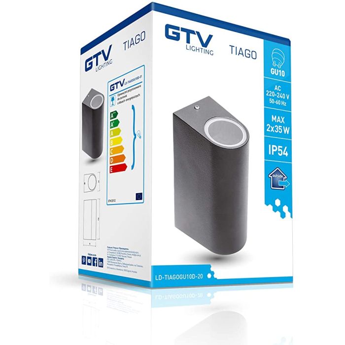 GTV zunanja stenska svetilka TIAGO 2x GU10 230V IP54, črna GTV zunanja stenska svetilka TIAGO 2x GU10 230V IP54, črna