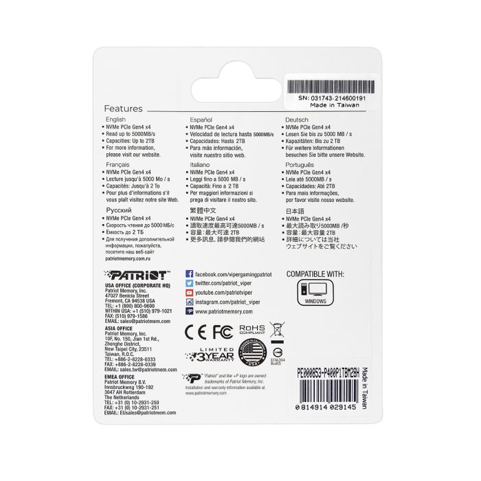 Patriot P400 1TB M.2 NVMe SSD PCIe Gen 4 x4 Patriot P400 1TB M.2 NVMe SSD PCIe Gen 4 x4