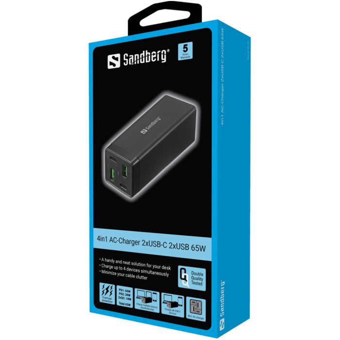 Sandberg 4in1 polnilnik 2x USB-C in 2x USB 65W Sandberg 4in1 polnilnik 2x USB-C in 2x USB 65W
