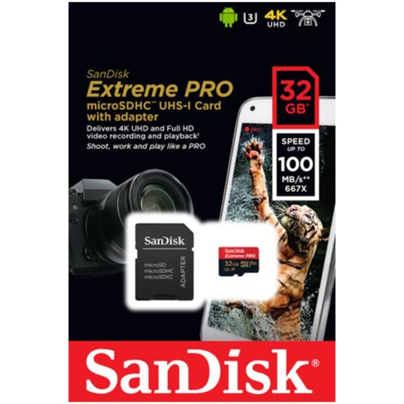 Spominska kartica SDHC-Micro 32GB Sandisk 100MB/s/90MB/s U3 V30 UHS-I +adapter (SDSQXCG-032G-GN6MA) SANDISK Spominska kartica SDHC-Micro 32GB Sandisk 100MB/s/90MB/s U3 V30 UHS-I +adapter (SDSQXCG-032G-GN6MA)