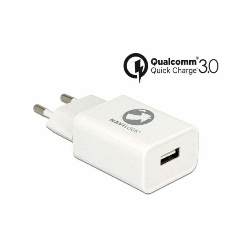 Hišni polnilec 100-240V => 1x USB-A (ž) QC3 za mobilni telefon ali tablični računalnik Navilock - bel (62969)