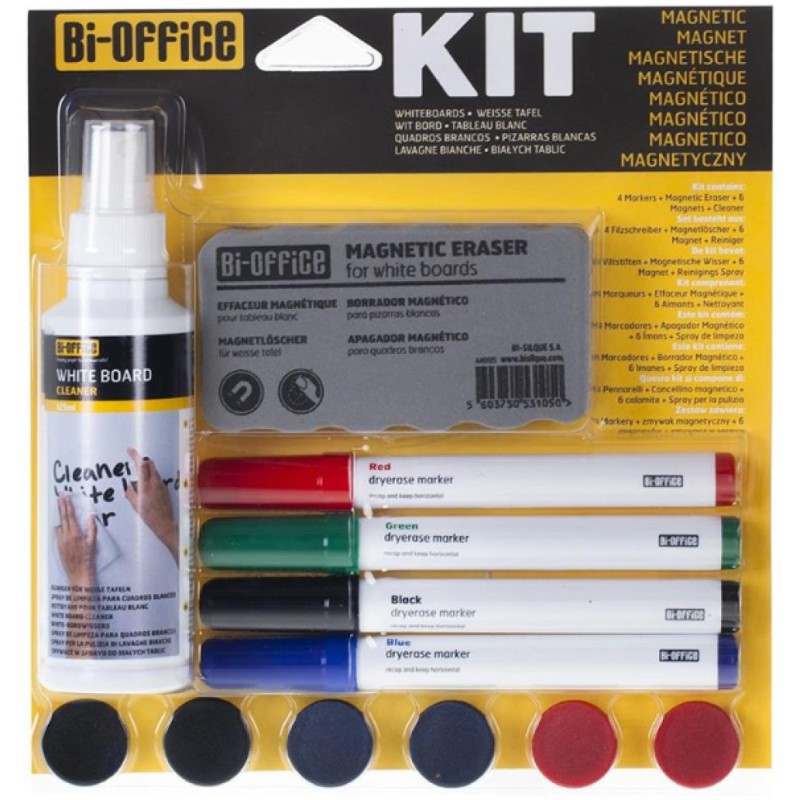 Komplet za belo tablo Bi-Office srednji sprej, gobica, 4 markerji, magneti (BIKT1010) Bi-Office Komplet za belo tablo Bi-Office srednji sprej, gobica, 4 markerji, magneti (BIKT1010)