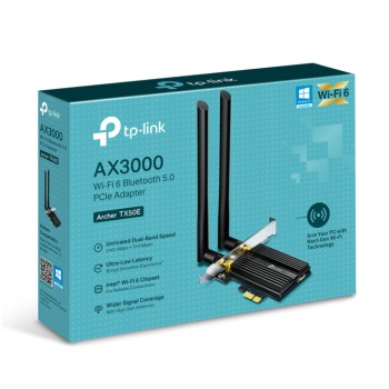 Brezžični mrežni adapter PCIe TP-Link WiFi6 802.11ax AX3000 2402Mbit/s Dualband 2x antena BT 5.0 (Archer TX50E) Brezžični mrežni adapter PCIe TP-Link WiFi6 802.11ax AX3000 2402Mbit/s Dualband 2x antena BT 5.0 (Archer TX50E)