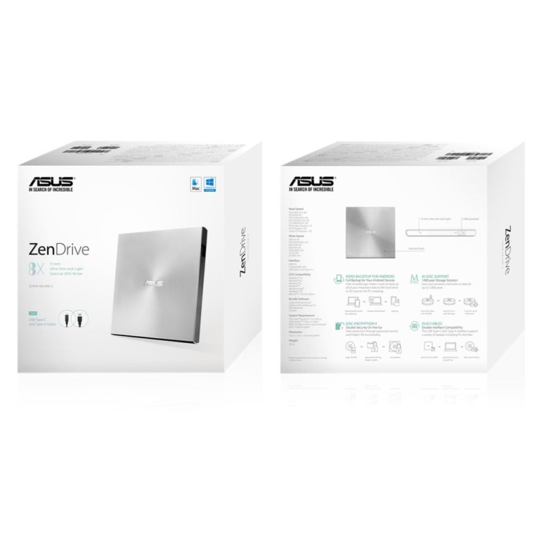 DVD-RW Externi USB ASUS ZenDrive U9M 8X DVD writter USB-C/A srebrn ASUS DVD-RW Externi USB ASUS ZenDrive U9M 8X DVD writter USB-C/A srebrn