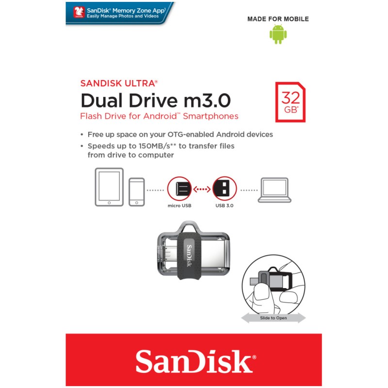 Spominski ključek 32GB USB 3.0 Sandisk Ultra Dual 150MB/s - plastičen/micro drsni/črn (SDDD3-032G-G46) SANDISK Spominski ključek 32GB USB 3.0 Sandisk Ultra Dual 150MB/s - plastičen/micro drsni/črn (SDDD3-032G-G46)