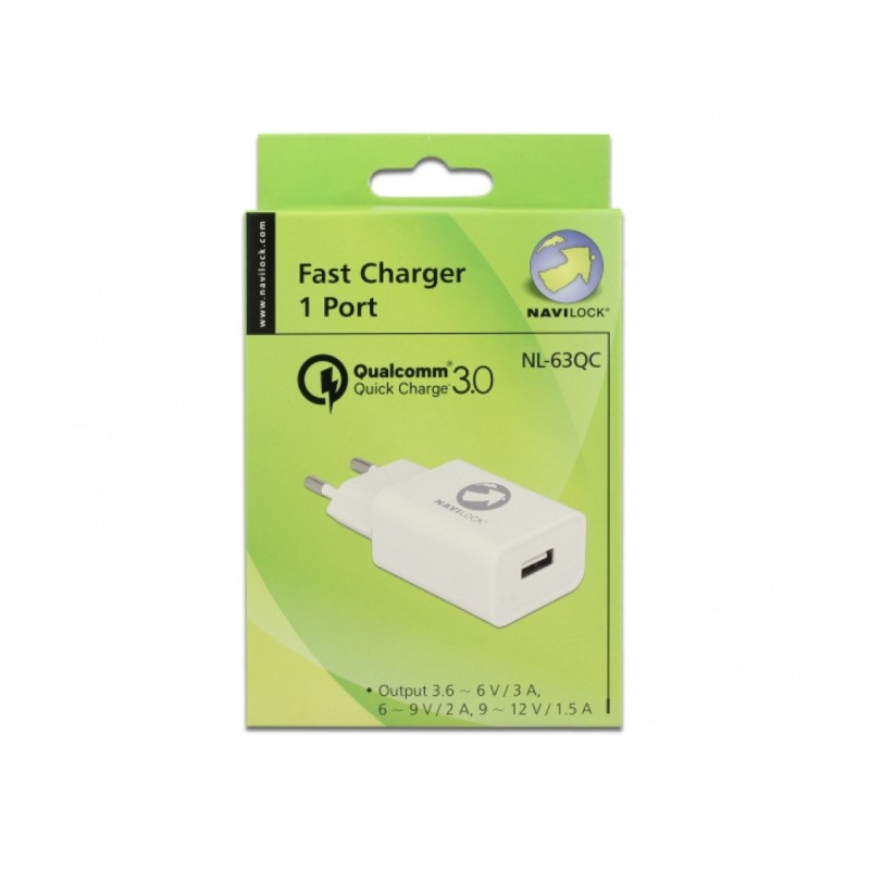 Hišni polnilec 100-240V => 1x USB-A (ž) QC3 za mobilni telefon ali tablični računalnik Navilock - bel (62969) Navilock Hišni polnilec 100-240V => 1x USB-A (ž) QC3 za mobilni telefon ali tablični računalnik Navilock - bel (62969)
