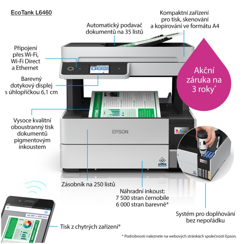 Tiskalnik Brizgalni Barvni Multifunkcijski EPSON EcoTank L6460 A4/tiskanje/skeniranje/kopiranje (C11CJ89403) Epson Tiskalnik Brizgalni Barvni Multifunkcijski EPSON EcoTank L6460 A4/tiskanje/skeniranje/kopiranje (C11CJ89403)