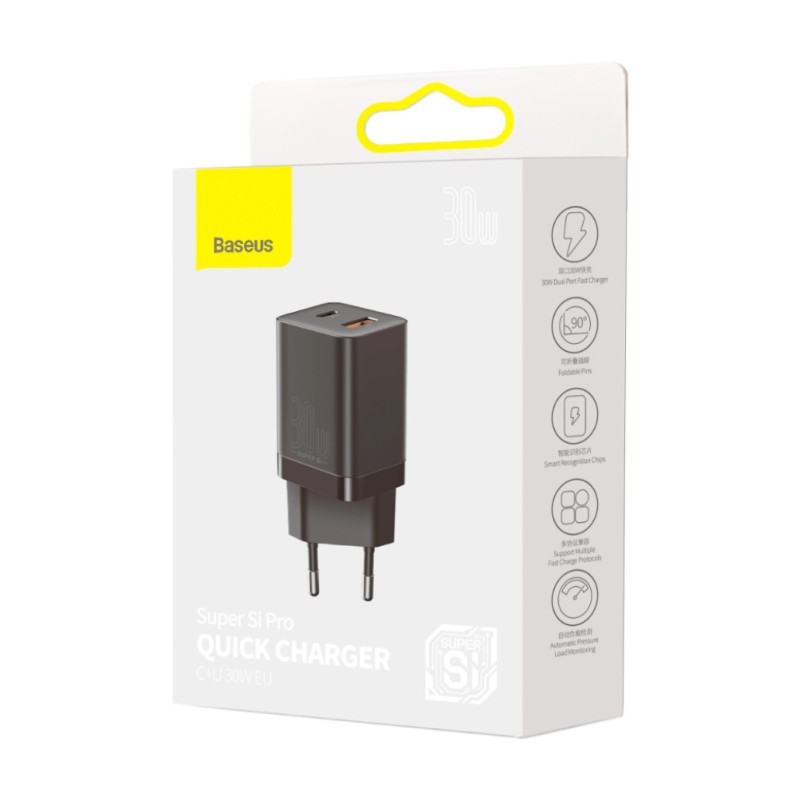 Hišni polnilec 100-240V => 1x USB-A (ž) 1x USB-C 30W za mobilni telefon ali tablični računalnik Baseus Super Si Pro PD3 + QC3 - črn (CCSUPP-E01) Baseus Hišni polnilec 100-240V => 1x USB-A (ž) 1x USB-C 30W za mobilni telefon ali tablični računalnik Baseus Super Si Pro PD3 + QC3 - črn (CCSUPP-E01)