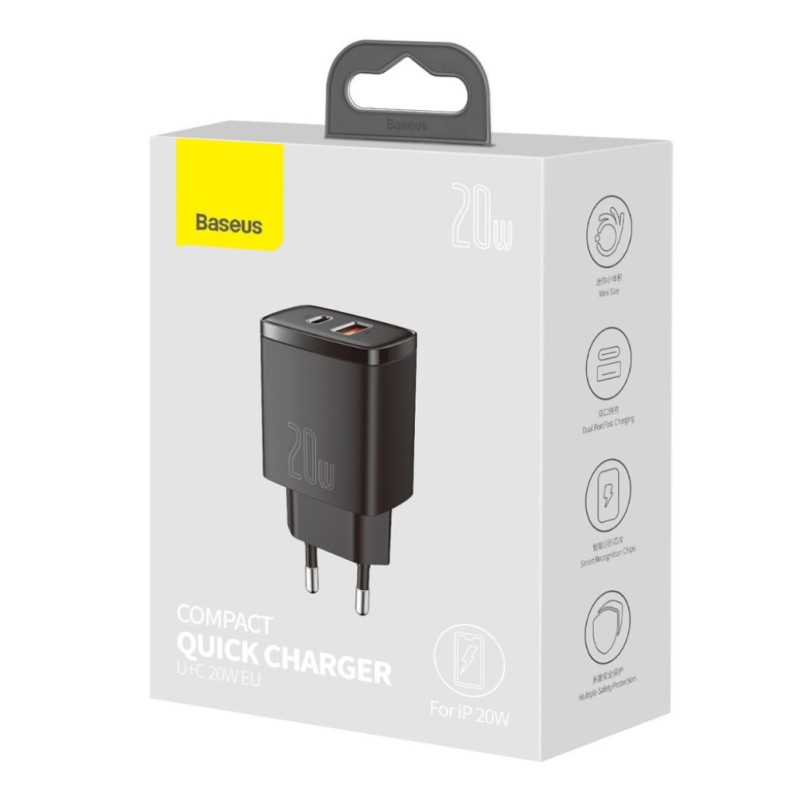 Hišni polnilec 100-240V => 1x USB-A (ž) 1x USB-C 20W za mobilni telefon ali tablični računalnik Baseus PD3 + QC3 - črn (CCXJ-B01) EOLS-P Baseus Hišni polnilec 100-240V => 1x USB-A (ž) 1x USB-C 20W za mobilni telefon ali tablični računalnik Baseus PD3 + QC3 - črn (CCXJ-B01) EOLS-P