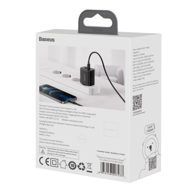 Hišni polnilec 100-240V => 1x USB-A (ž) 1x USB-C 20W za mobilni telefon ali tablični računalnik Baseus PD3 + QC3 - črn (CCXJ-B01) EOLS-P Baseus Hišni polnilec 100-240V => 1x USB-A (ž) 1x USB-C 20W za mobilni telefon ali tablični računalnik Baseus PD3 + QC3 - črn (CCXJ-B01) EOLS-P