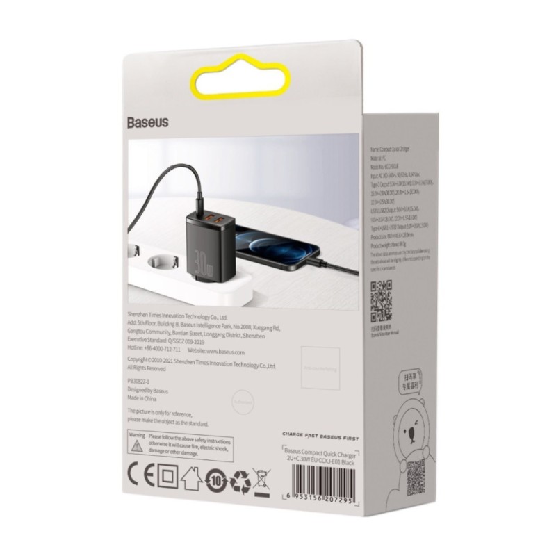 Hišni polnilec 100-240V => 2x USB-A (ž) 1x USB-C 30W za mobilni telefon ali tablični računalnik Baseus PD3 + QC3 - črn (CCXJ-E01) Baseus Hišni polnilec 100-240V => 2x USB-A (ž) 1x USB-C 30W za mobilni telefon ali tablični računalnik Baseus PD3 + QC3 - črn (CCXJ-E01)