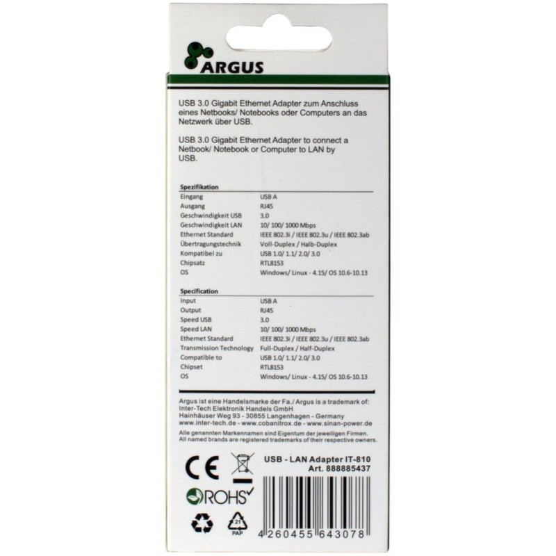 Mrežni adapter USB 3.0 => LAN RJ45 100/1000 Inter-Tech Argus (88885437) Inter-Tech Mrežni adapter USB 3.0 => LAN RJ45 100/1000 Inter-Tech Argus (88885437)