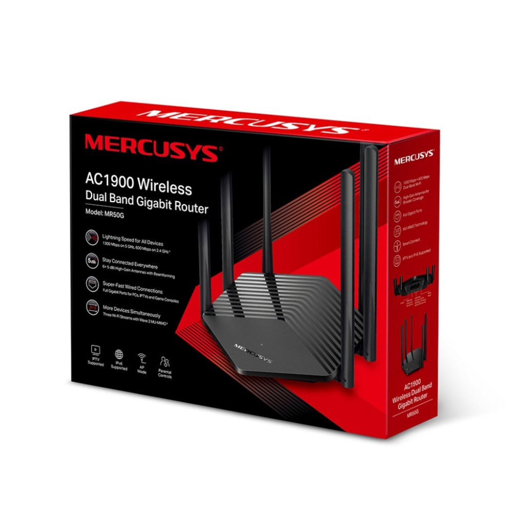 Usmerjevalnik brezžični MERCUSYS WiFi5 802.11ac AC1900 1300Mbit/s dualband 2xLAN 6x antena (MR50G) MERCUSYS Usmerjevalnik brezžični MERCUSYS WiFi5 802.11ac AC1900 1300Mbit/s dualband 2xLAN 6x antena (MR50G)