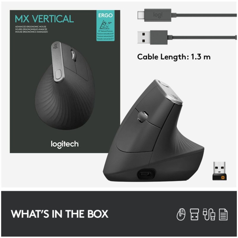 Miš brezžična + Bluetooth napredno ergonomska Logitech MX Vertical USB-C silent Unifying grafitna (910-005448) LOGITECH Miš brezžična + Bluetooth napredno ergonomska Logitech MX Vertical USB-C silent Unifying grafitna (910-005448)