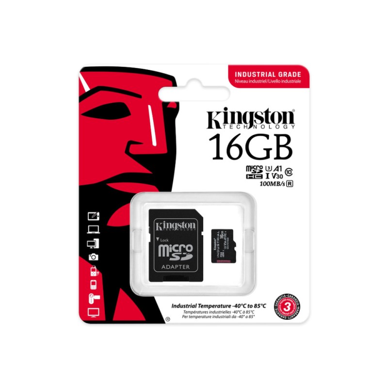 Spominska kartica SDHC-Micro 16GB Kingston - 100MB/s INDUSTRIAL C10 UHS-I, U3, V30 (SDCIT2/16GB) + adapter KINGSTON Spominska kartica SDHC-Micro 16GB Kingston - 100MB/s INDUSTRIAL C10 UHS-I, U3, V30 (SDCIT2/16GB) + adapter