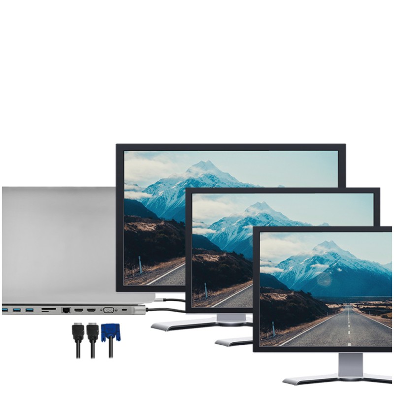 Priklopna postaja USB-C => 3x USB 3.0 tip A USB-C PD 100W 2x HDMI VGA RJ45 11 izhodov srebrn LogiLink (UA0373) LOGILINK Priklopna postaja USB-C => 3x USB 3.0 tip A USB-C PD 100W 2x HDMI VGA RJ45 11 izhodov srebrn LogiLink (UA0373)
