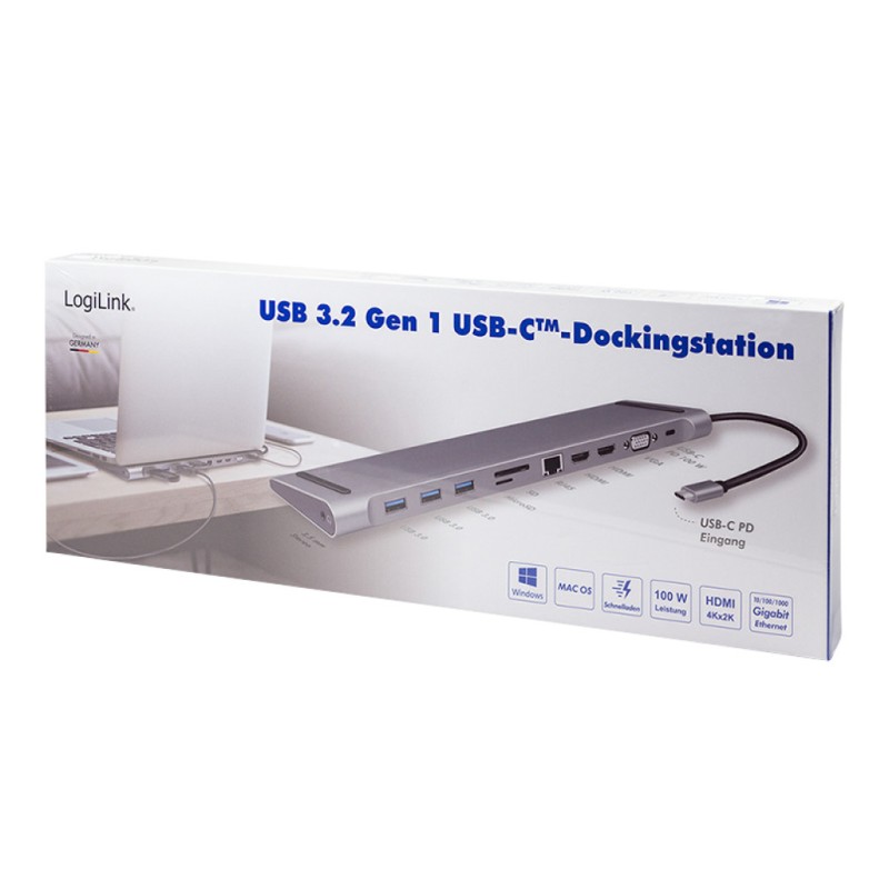Priklopna postaja USB-C => 3x USB 3.0 tip A USB-C PD 100W 2x HDMI VGA RJ45 11 izhodov srebrn LogiLink (UA0373) LOGILINK Priklopna postaja USB-C => 3x USB 3.0 tip A USB-C PD 100W 2x HDMI VGA RJ45 11 izhodov srebrn LogiLink (UA0373)