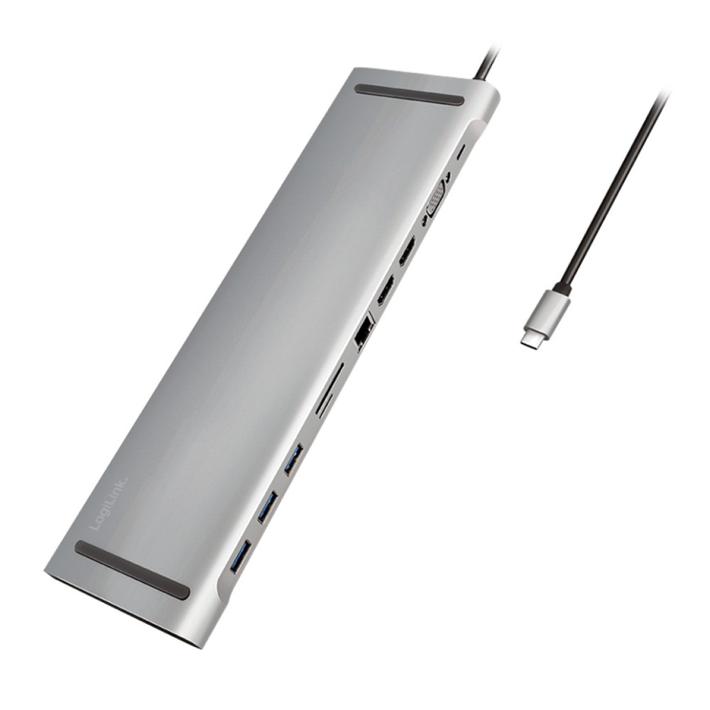 Priklopna postaja USB-C => 3x USB 3.0 tip A USB-C PD 100W 2x HDMI VGA RJ45 11 izhodov srebrn LogiLink (UA0373)