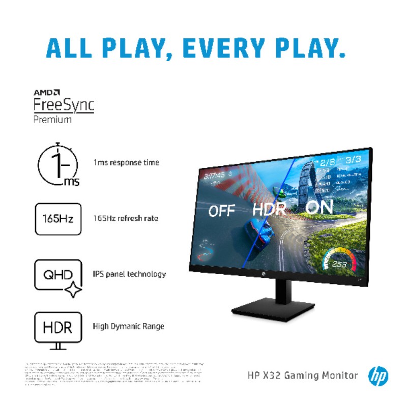 Monitor HP 80 cm (31,5) X32 2560x1440 Gaming 165Hz IPS 1ms HDMI DisplayPort HAS  3H sRGB99% FreeSync HDR400