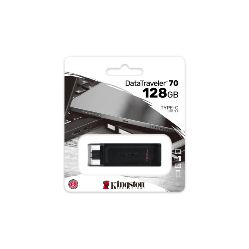 Spominski ključek 128GB USB-C Kingston DT70 80MB/s plastičen s pokrovčkom črn (DT70/128GB) KINGSTON Spominski ključek 128GB USB-C Kingston DT70 80MB/s plastičen s pokrovčkom črn (DT70/128GB)