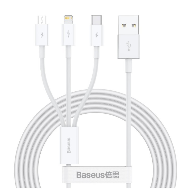 Kabel USB A => B micro / USB-C / Lightning 3.5A 1.2m Baseus 3v1 - bel (CAMLTYS-02) Baseus Kabel USB A => B micro / USB-C / Lightning 3.5A 1.2m Baseus 3v1 - bel (CAMLTYS-02)