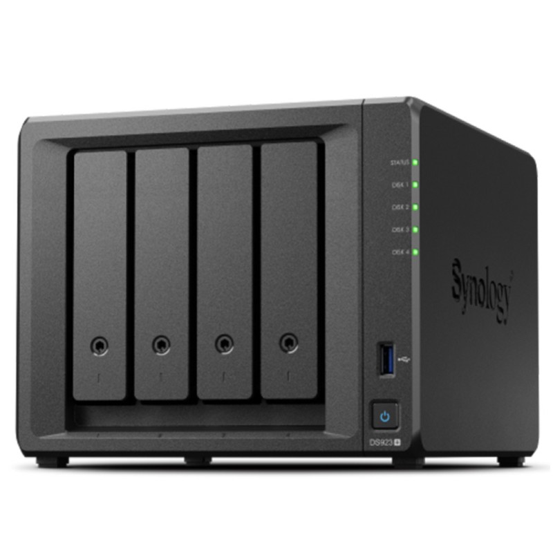 NAS ohišje Synology DS923+ 4GB za 4x 3.5 SATA HDD/SSD 2x M.2 2280 NVMe SSD CPU AMD R1600 2-core 2.6 (base) / 3.1 (turbo) GHz, 4 GB DDR4 ECC, 2x RJ-45 1GbE LAN Port; 2x USB 3.2; eSATA port; 2.24 kg; 3yr warranty