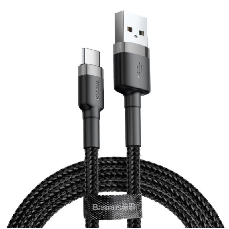 Kabel USB-C => USB-A 2.0 tekstil ovoj 1,00m 5V/3A QC3 Baseus črn/siv (CATKLF-BG1)